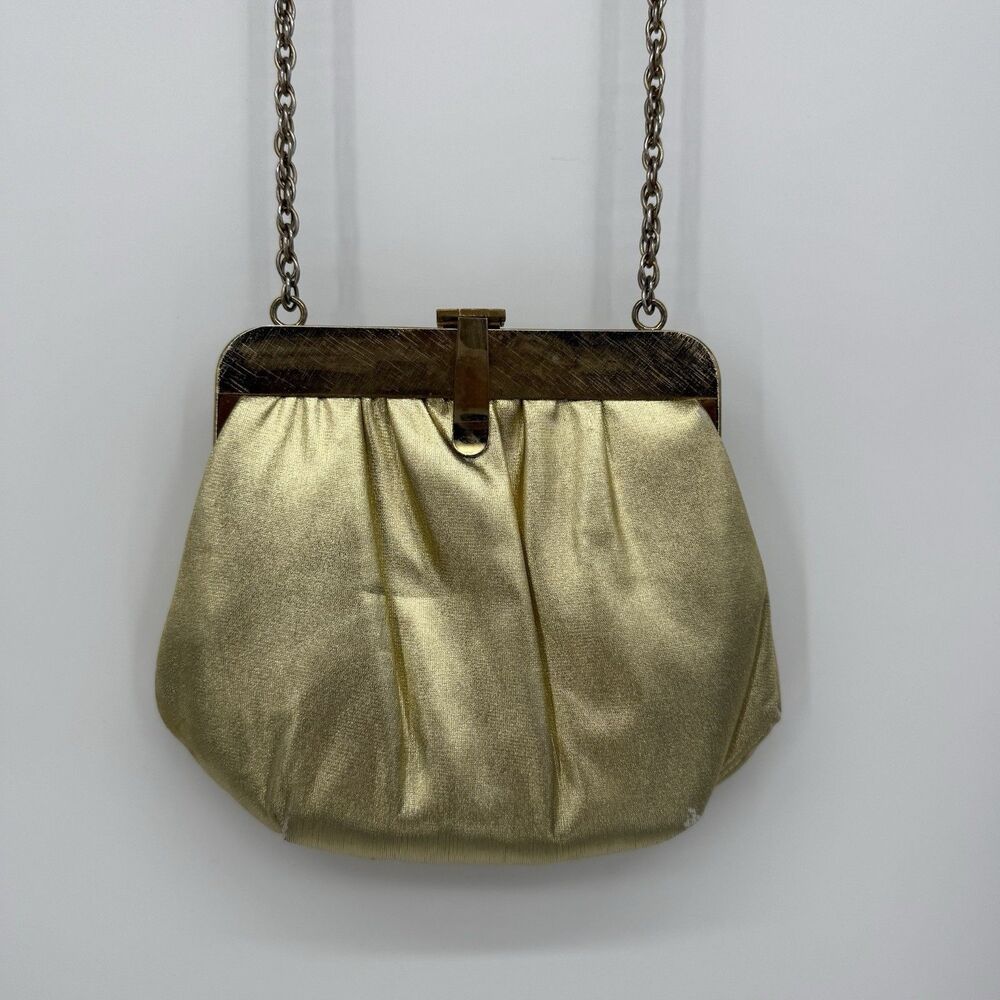Ande Vintage Gold Metallic Evening Bag Crossbody Chain Strap Formal USA Clutch